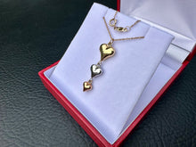 Load image into Gallery viewer, #764 - Triple Heart Linear Drop Pendant in 10K Tri-Tone Gold 18”