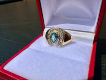Load image into Gallery viewer, #708 - 10kt Yellow Gold, Sapphire Diamond Horseshoe Ring, Size 6.5