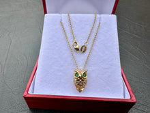Load image into Gallery viewer, #611 - 14kt Yellow Gold, EFFY, Emerald & Diamond Owl Pendant Chain. 16-18”