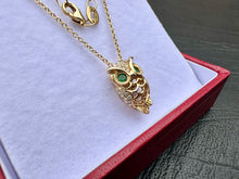 Load image into Gallery viewer, #611 - 14kt Yellow Gold, EFFY, Emerald & Diamond Owl Pendant Chain. 16-18”