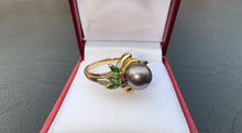 Load image into Gallery viewer, #374 - 14k Yellow Gold, Black Akoya Pearl & Emerald Ring, Size 7 3/4