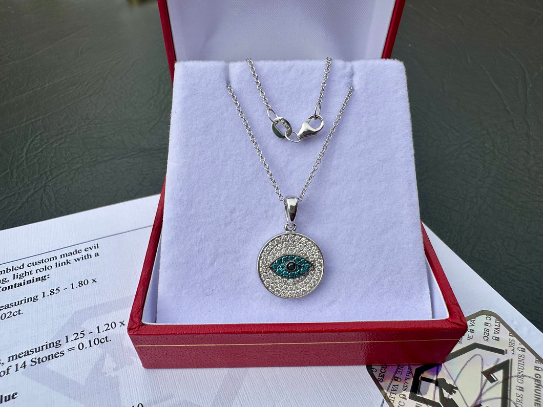 #651 - 14kt Gold, White, Black & Blue Diamond Evil Eye Pendant, 18” Chain