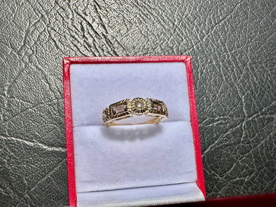 #707 - 14kt Yellow Gold, Brown Diamond & Quartz Custom Band, Size 6