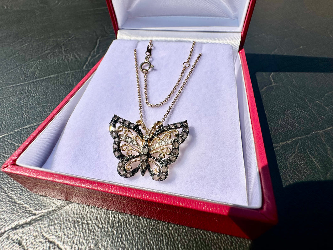 #725 - 10-14kt Butterfly & Gold Necklace 17-18”, Diamond & Quartz