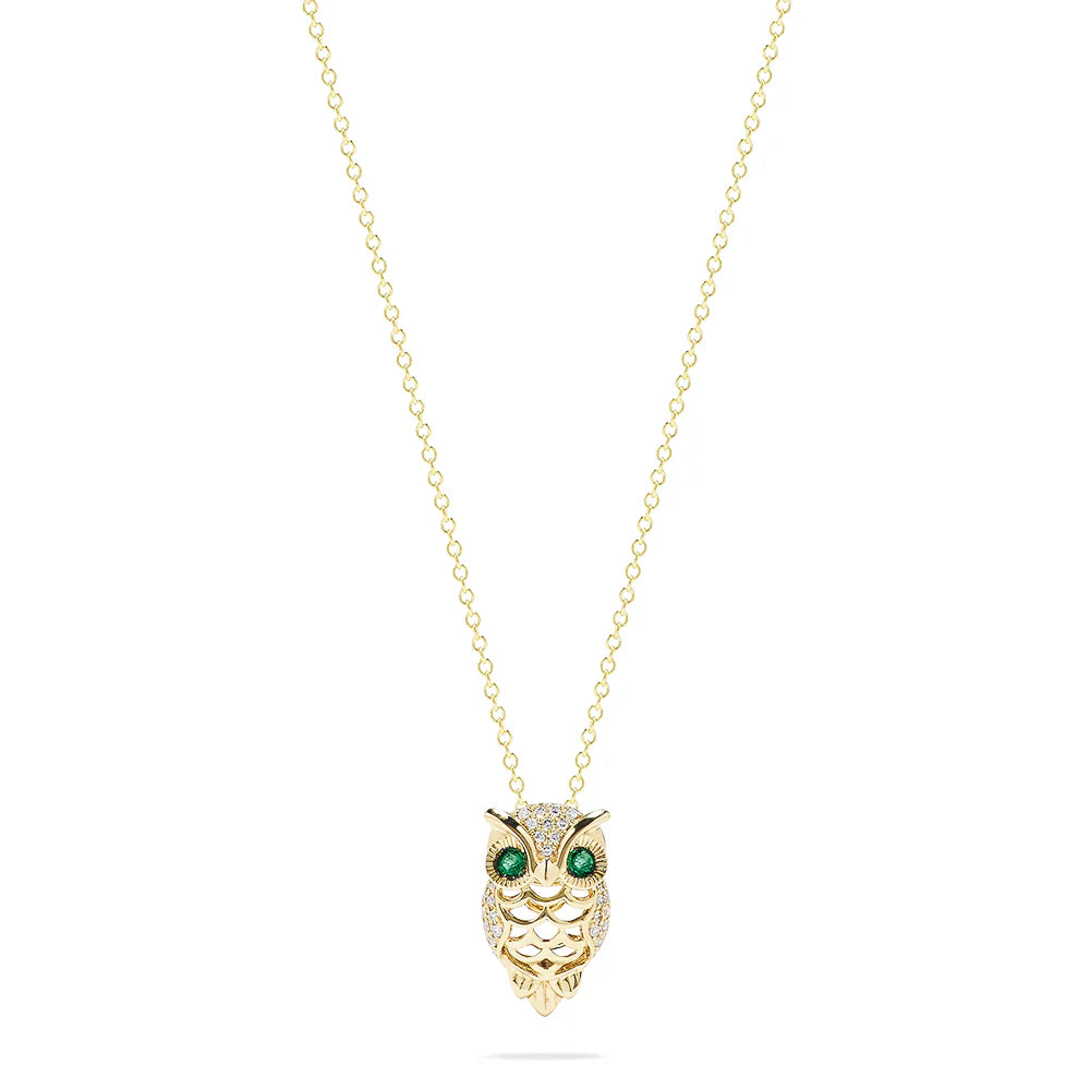 #611 - 14kt Yellow Gold, EFFY, Emerald & Diamond Owl Pendant Chain. 16-18”