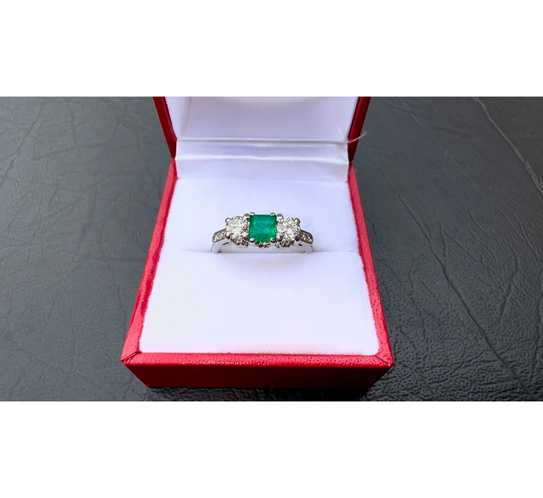 #575 - 18kt White Gold, Birks Emerald & Diamond Ring, Size 7 3/4