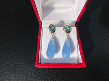 Load image into Gallery viewer, #313 - 14k Yellow Gold, Custom Drop Earrings, Blue Topaz &amp; Blue Jadeite
