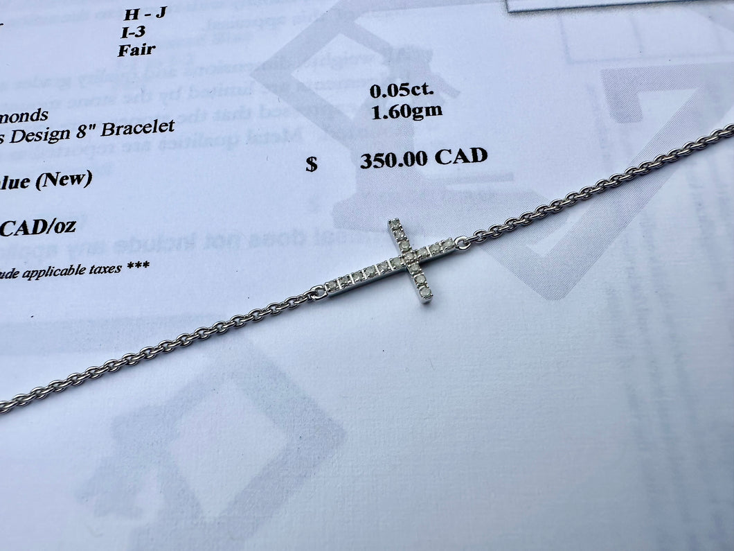 #668 - Diamond & Silver Cross Bracelet, 8”, W/ Appraisal
