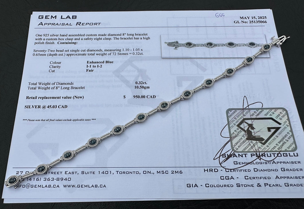 #666 - .32ct Blue Diamond, 8” Sterling Bracelet w/ Appraisal