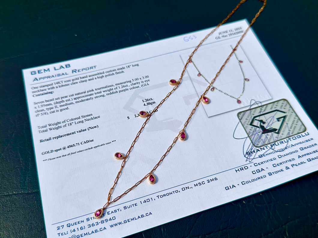 #653 - 14kt Rose Gold, Pear Cut Pink Tourmaline Necklace. 18”