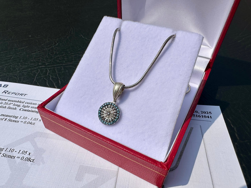 #672 - Blue, White & Brown Diamond Evil Eye Pendant & 20” Necklace