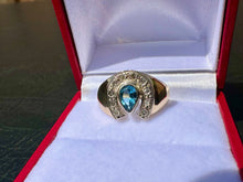 Load image into Gallery viewer, #708 - 10kt Yellow Gold, Sapphire Diamond Horseshoe Ring, Size 6.5
