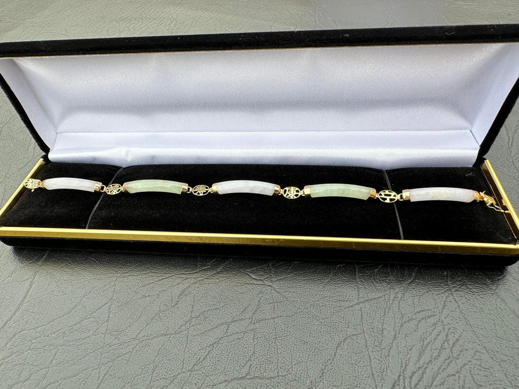 #308 - 14k Yellow Gold, Lavendar & Green Jadeite Custom Bracelet, Box Clasp, 8” Length