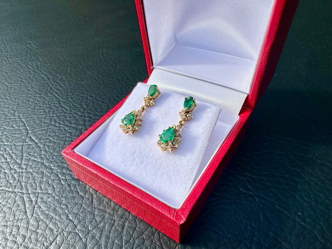 #744 - 14kt Yellow Gold, Natural Emerald & Diamond Earrings