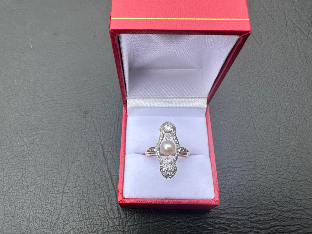 #605 - Vintage, 14k Yellow Gold, Pearl & Diamond Ring, Size 8