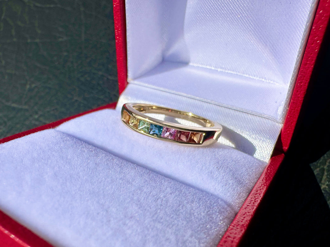 #706 - 14kt Yellow Gold, Sapphire Rainbow Band, Size 7