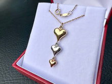 Load image into Gallery viewer, #764 - Triple Heart Linear Drop Pendant in 10K Tri-Tone Gold 18”
