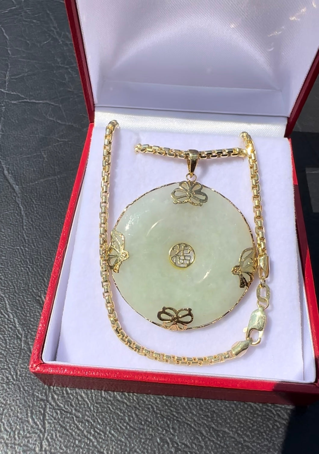 #309 - 14kt Yellow Good, 20ct Jadeite, Goodluck & Fortune Pendant, 1.5” w/ 18” 10k Necklace