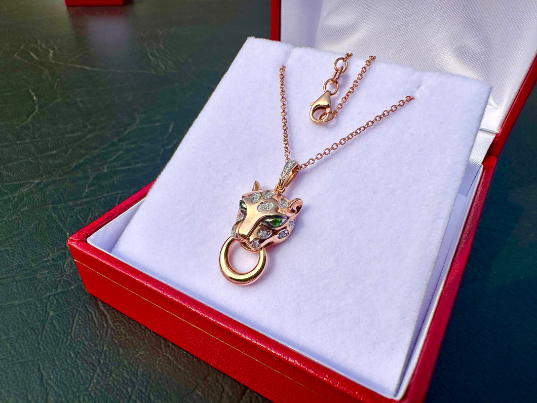 #610 - EFFY 14kt Rose Gold, Garnet & Diamond Panther Pendant & 16-18” Chain