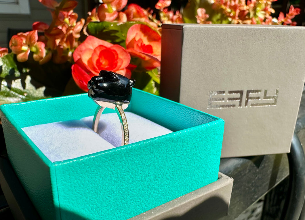 #719 - EFFY 14kt Yellow Gold, Onyx & Diamond Panther Ring, Size 7