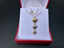 Load image into Gallery viewer, #764 - Triple Heart Linear Drop Pendant in 10K Tri-Tone Gold 18”

