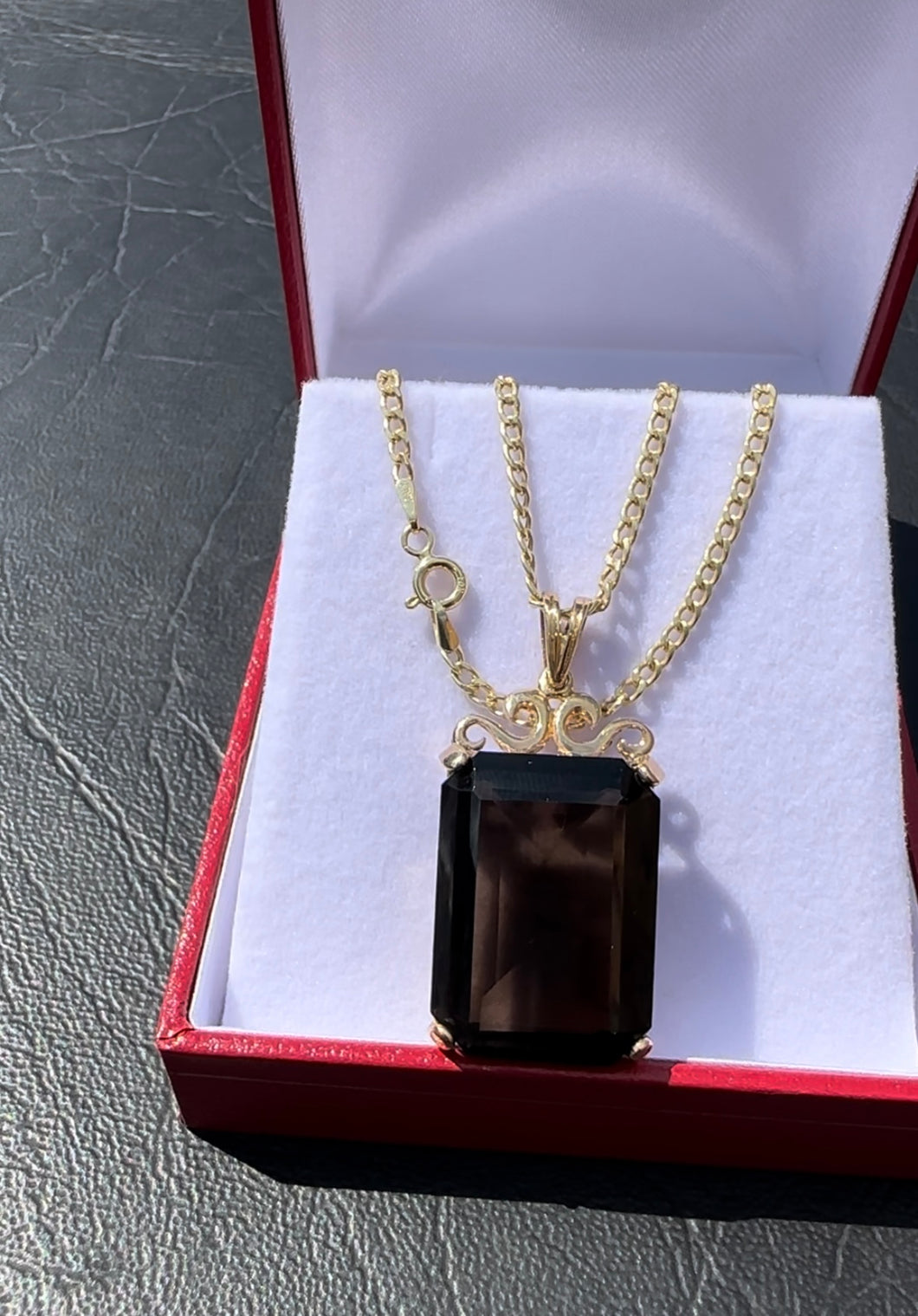 #306 - 10kt Yellow Gold, 30ct Smokey Quartz Pendant. 1.5” Length w/ 18” 10k Necklace