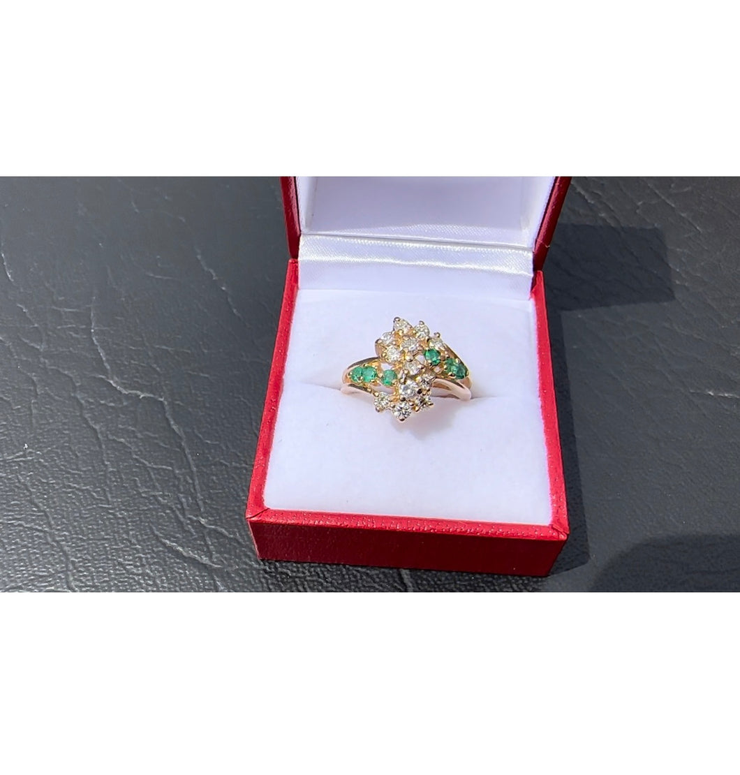 #480 - 14kt Yellow Gold, Custom Made Emerald & Diamond Cluster Ring, Size 6 3/4