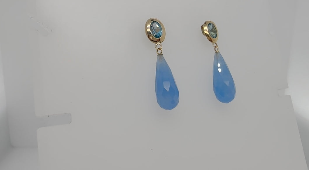 #313 - 14k Yellow Gold, Custom Drop Earrings, Blue Topaz & Blue Jadeite